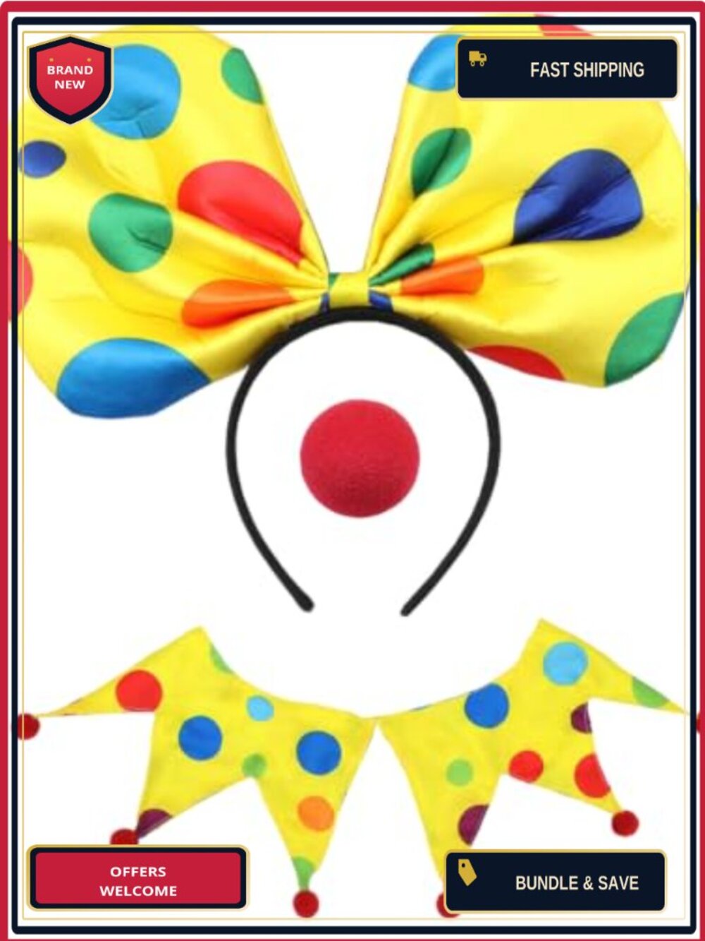 3PC Clown Costume Accessory Set Polka Dot Bow Headband Collar Foam Nose
